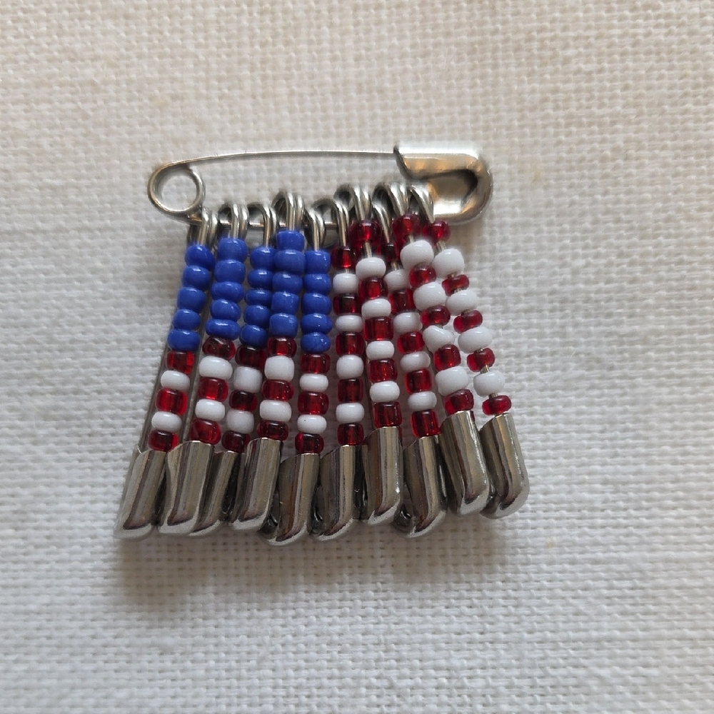 Vintage 80s 90s Hand Beaded Safety Pin Brooch in Red White Blue American Flag